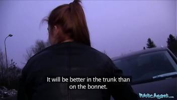 Public Agent Innocent looking ginger girl fucked over a car bonnet